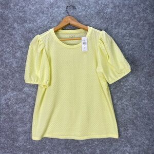 LOFT Outlet Shirt Womens Medium Yellow Textured Puff Sleeve Crew Neck Top NWT